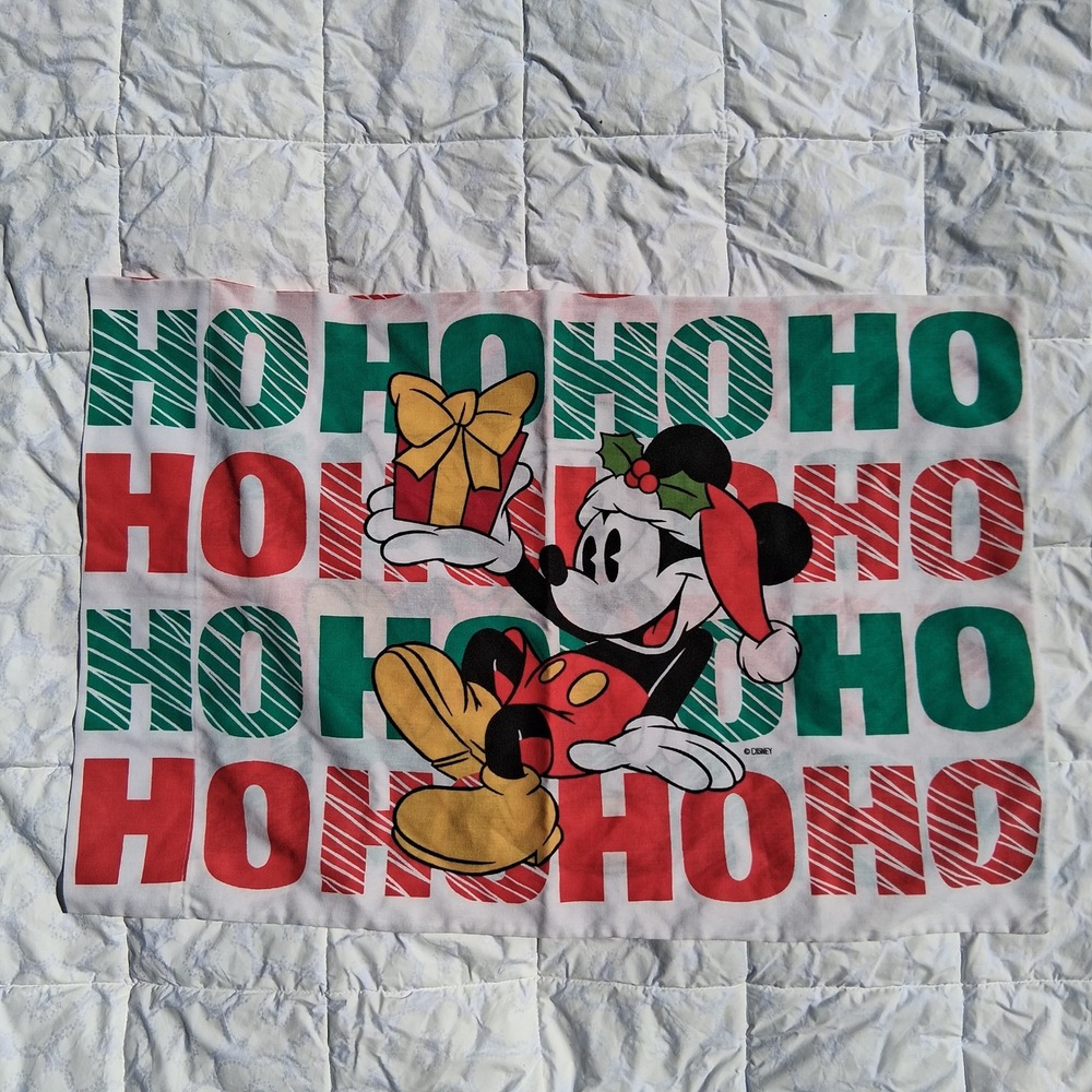 Vintage Disney Mickey Mouse Christmas Pillowcase Ho Ho Ho Holiday Red Green Tag